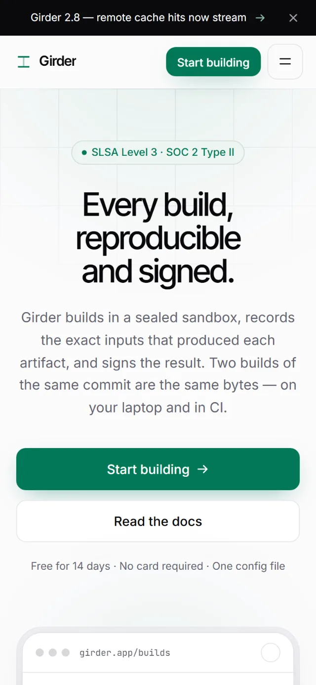 The Girder home page on a phone-sized screen.