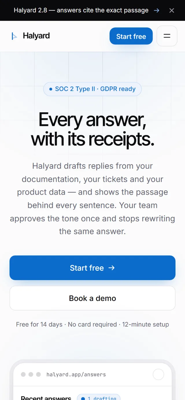 The Halyard home page on a phone-sized screen.