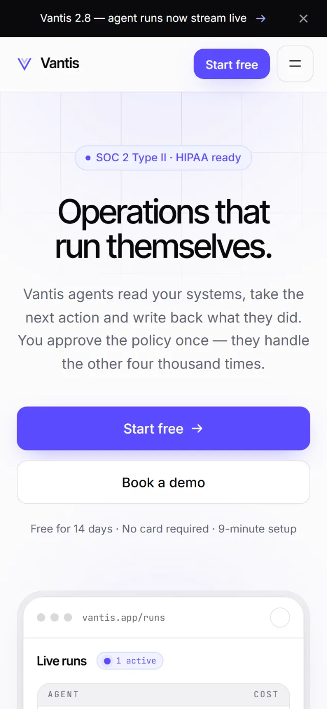 The Vantis home page on a phone-sized screen.